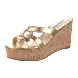 Stuart Weitzman The Cadence Gold Metallic Caviar Leather Cork Wedge Sandals Sz 7